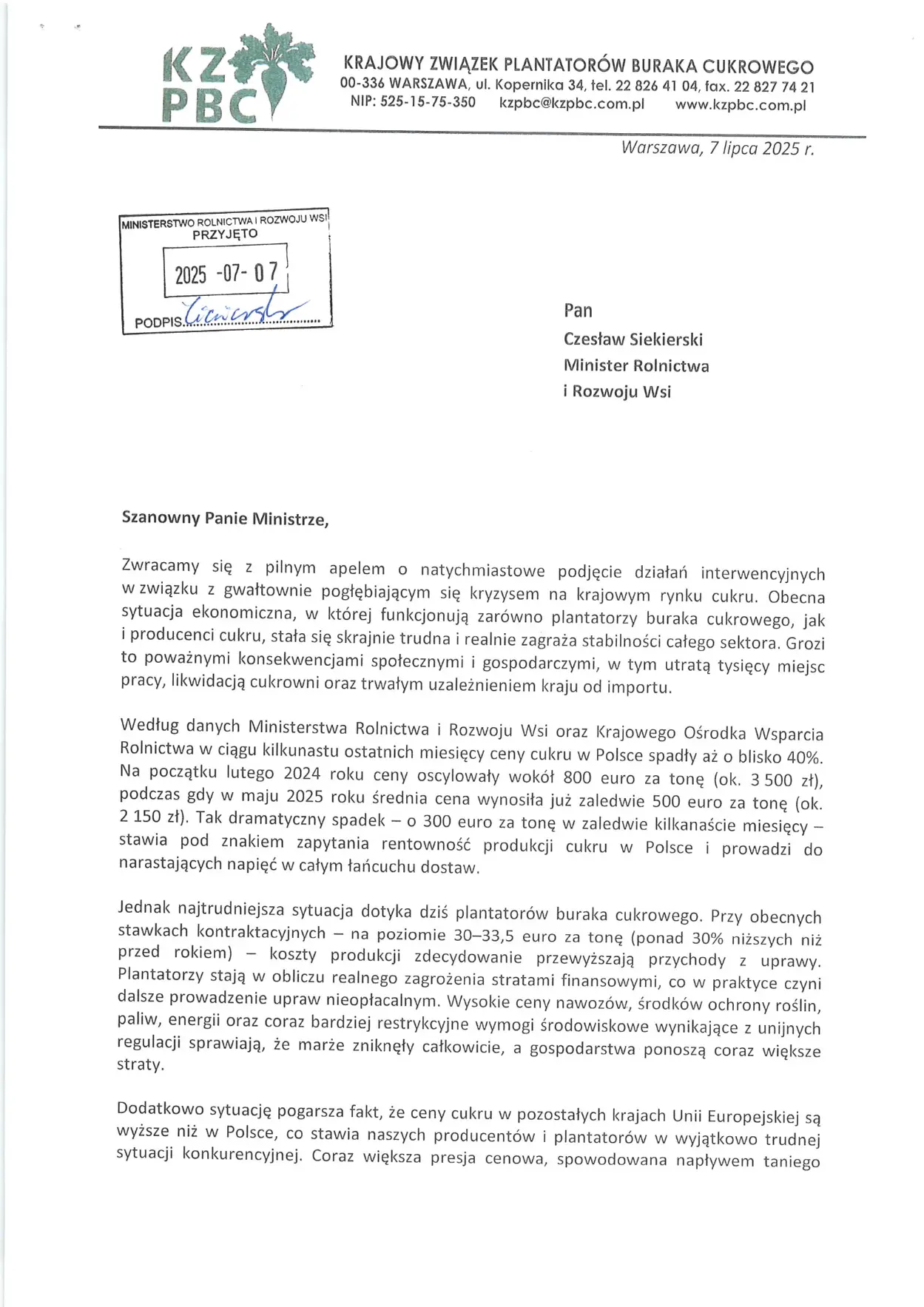 Pismo do ministra rolnictwa ws. kryzysu na rynku cukru — strona 1 z 2