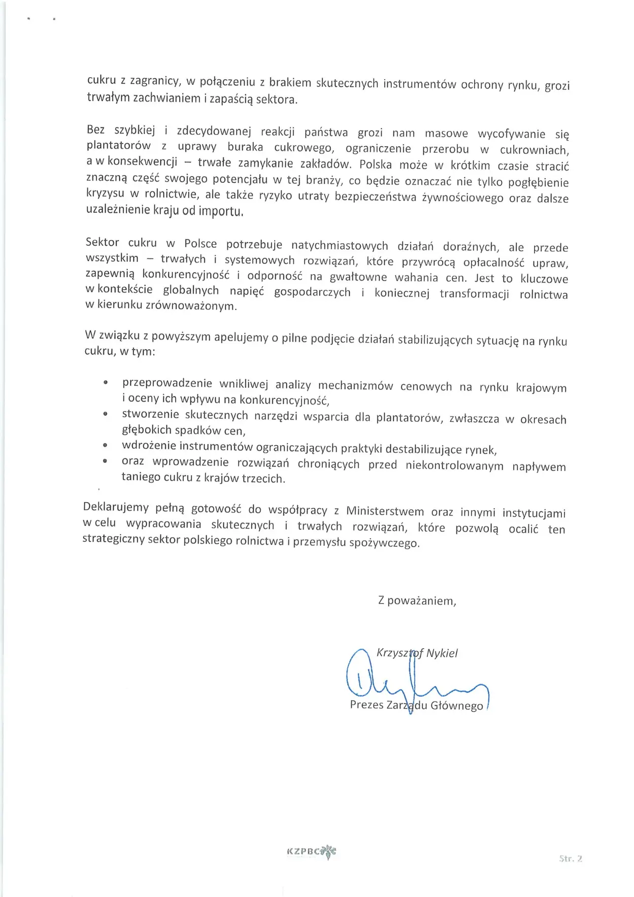 Pismo do ministra rolnictwa ws. kryzysu na rynku cukru — strona 2 z 2
