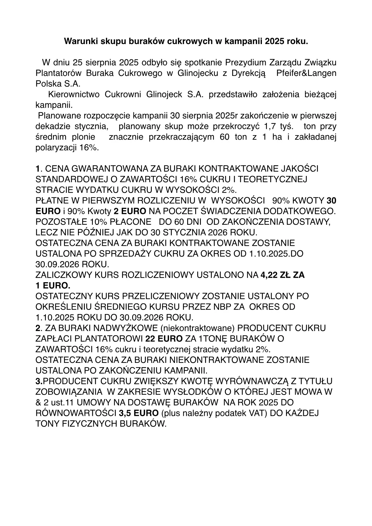 Warunki skupu buraków cukrowych w kampanii 2025 roku — strona 1 z 1